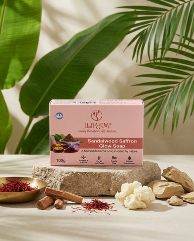 ILIKAM Sandalwood Saffron Glow Bath Bar box with saffron, sandalwood and soap-making ingredients
