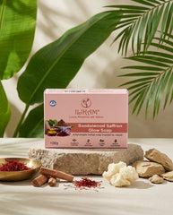 ILIKAM Sandalwood Saffron Glow Bath Bar box with saffron, sandalwood and soap-making ingredients