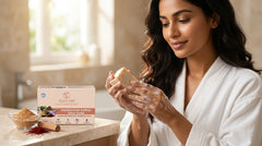 Person lathering ILIKAM Sandalwood Saffron Glow Bath Bar during a bath routine