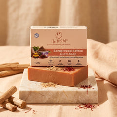 ILIKAM Sandalwood Saffron Glow Bath Bar packaging displayed with a handmade soap bar