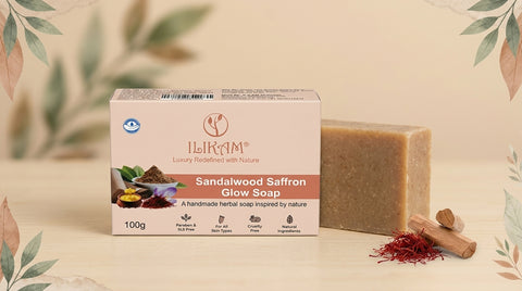 ILIKAM Glow Bath Bar box and sandalwood soap bar in a natural product setting