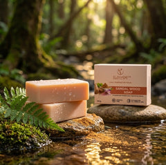 ILIKAM Glow Bath Bar sandalwood soap and bar beside a woodland stream