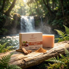 ILIKAM Glow Bath Bar sandalwood soap beside a forest waterfall
