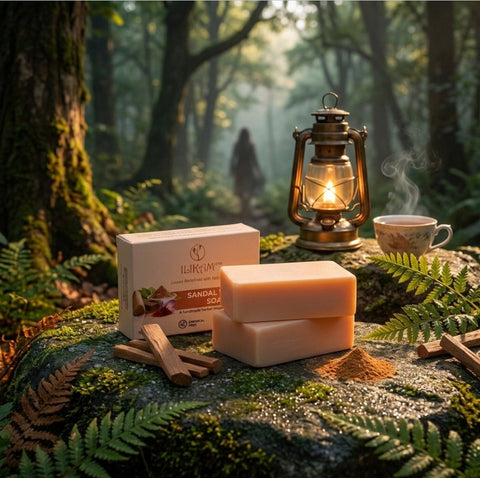 ILIKAM Glow Bath Bar sandalwood soap with a peaceful forest and lantern setting