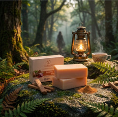 ILIKAM Glow Bath Bar sandalwood soap with a peaceful forest and lantern setting