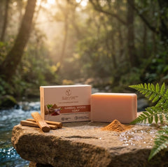 ILIKAM Glow Bath Bar sandalwood soap and packaging in a natural forest setting