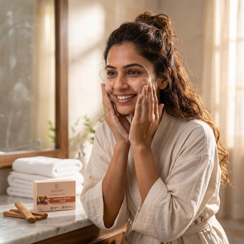 ILIKAM Glow Bath Bar sandalwood and kesar soap in a warm daily bathing ritual