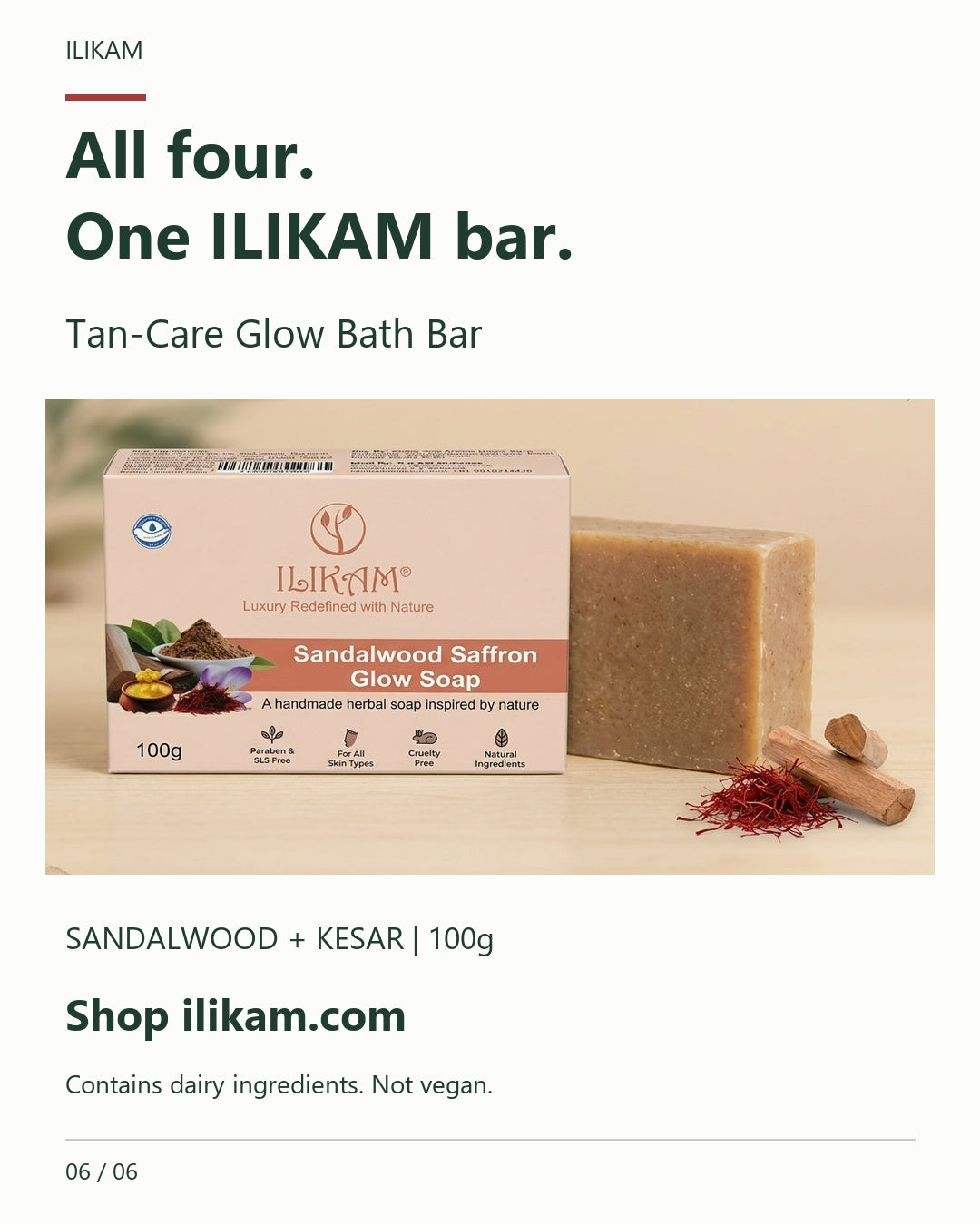 Final ILIKAM carousel card showing the official Tan-Care Glow Bath Bar box and soap, sandalwood and kesar, 100g