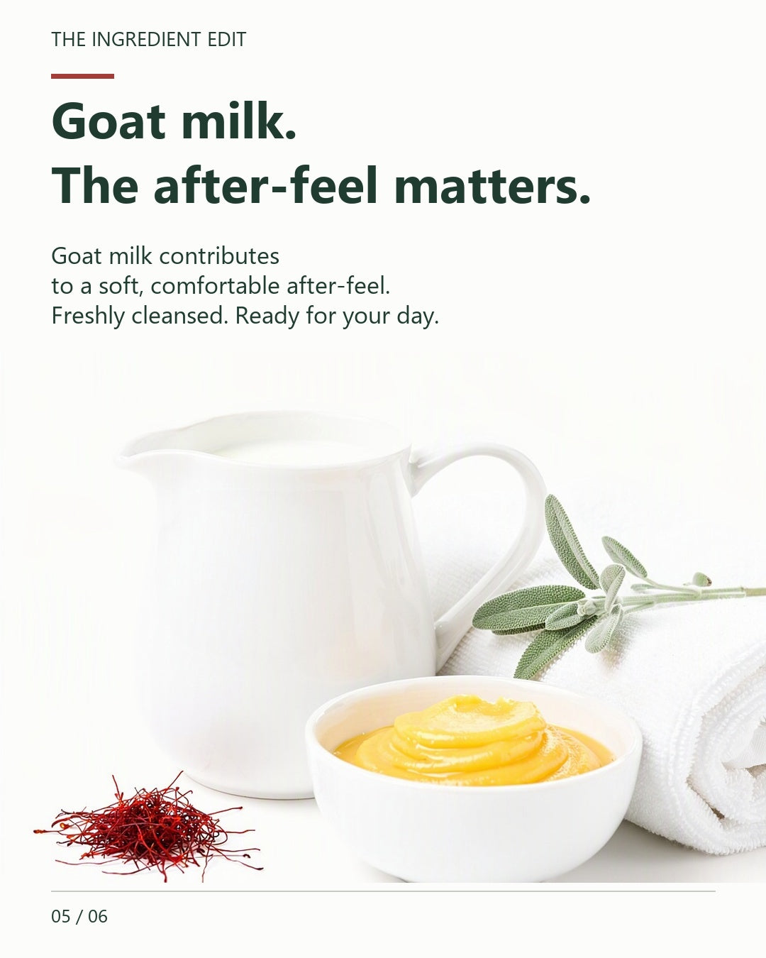 AI-generated goat milk ingredient illustration describing the soap's soft comfortable after-feel