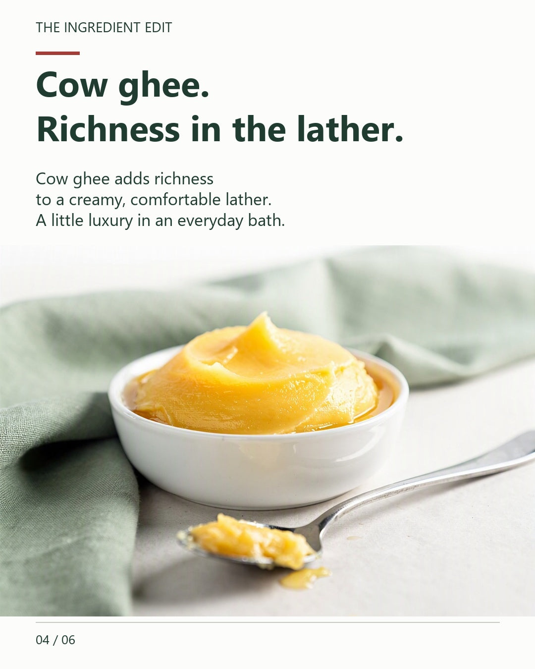AI-generated cow ghee ingredient illustration describing its contribution to the bath bar's creamy lather